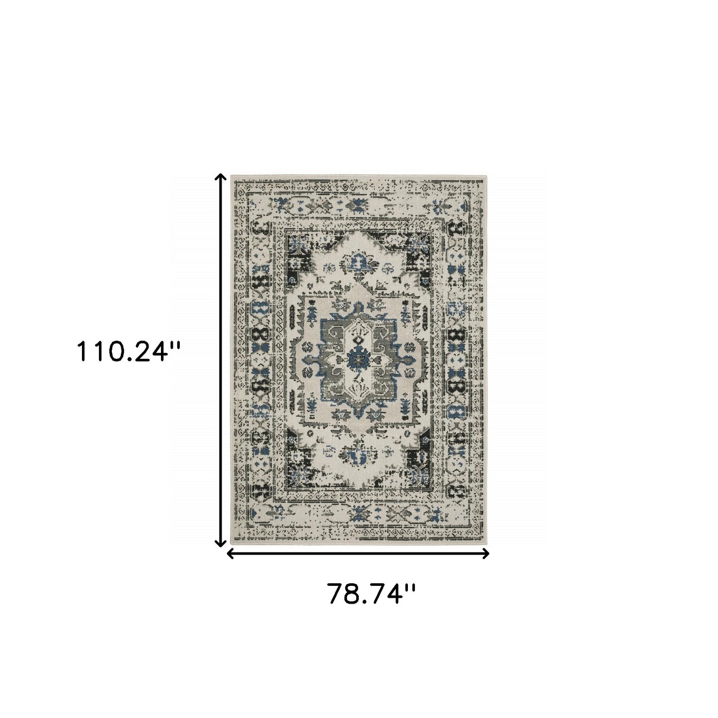 7' X 9' Blue and Beige Oriental Stain Resistant Indoor Outdoor Area Rug