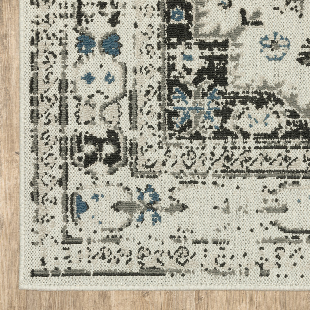 7' X 9' Blue and Beige Oriental Stain Resistant Indoor Outdoor Area Rug