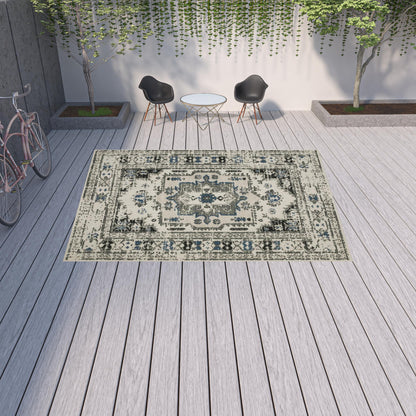 10' X 13' Blue and Beige Oriental Stain Resistant Indoor Outdoor Area Rug