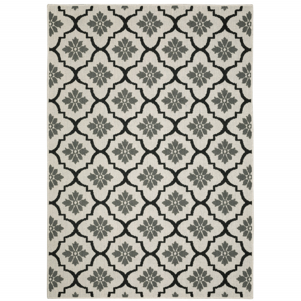 8' X 10' Beige and Black Geometric Stain Resistant Indoor Outdoor Area Rug