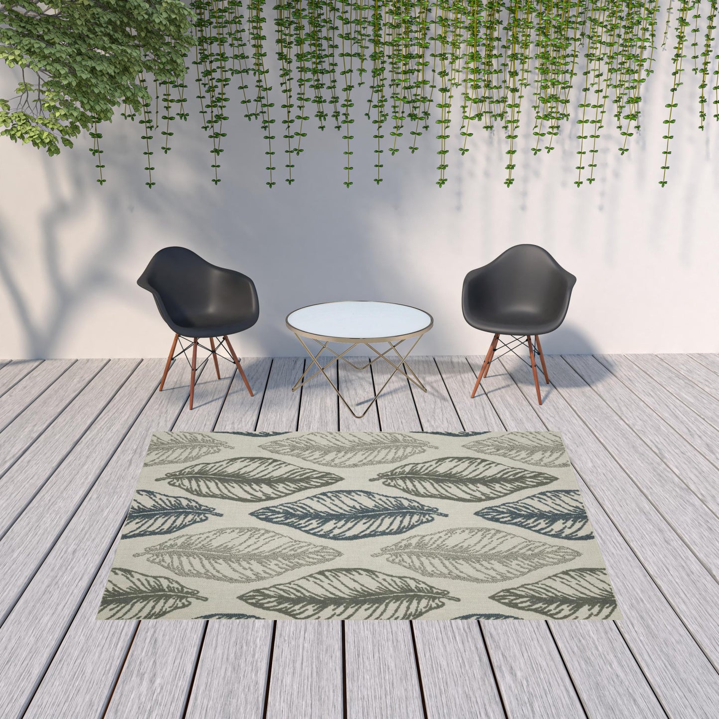 7' X 9' Beige Floral Stain Resistant Indoor Outdoor Area Rug