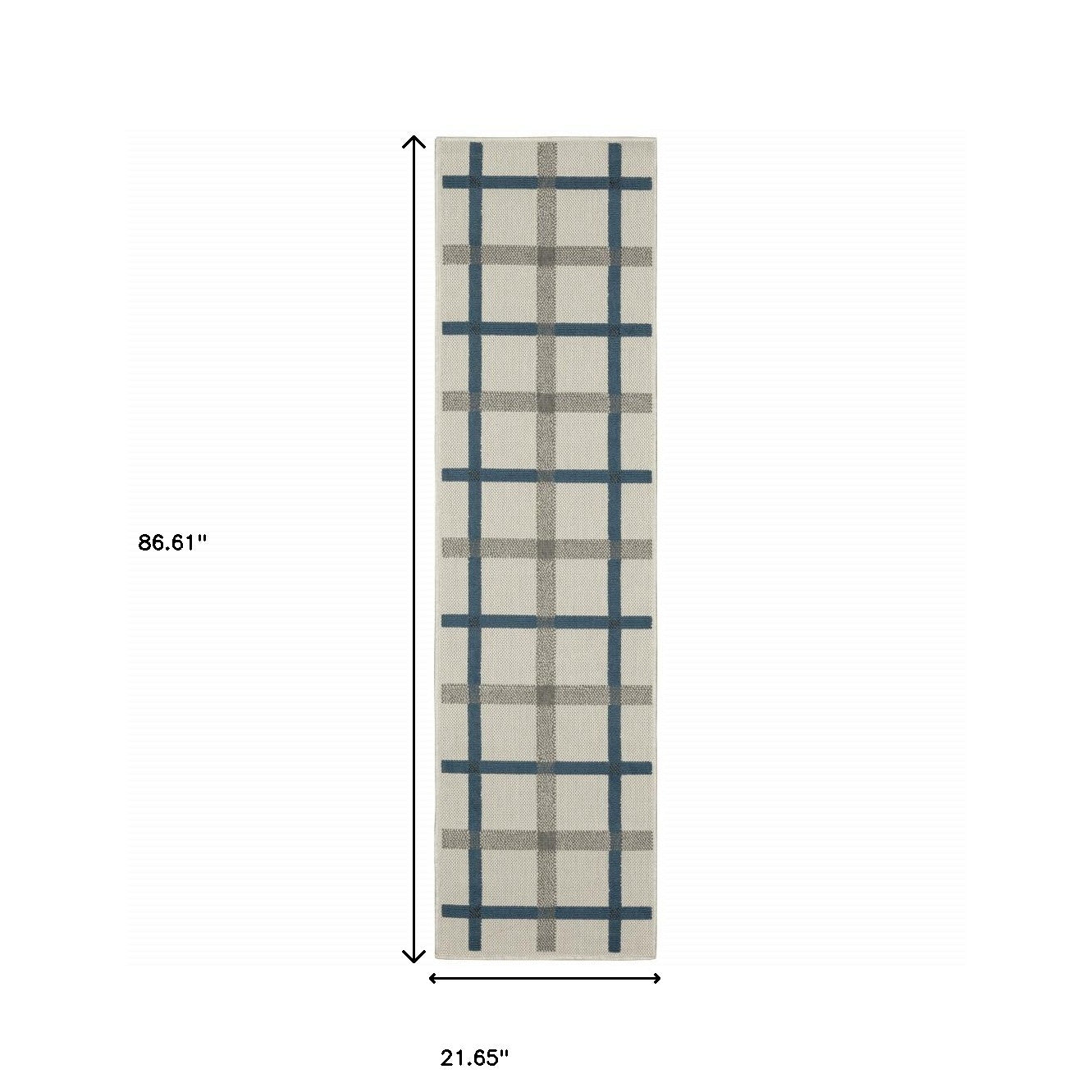 2' X 7' Blue and Beige Geometric Stain Resistant Indoor Outdoor Area Rug