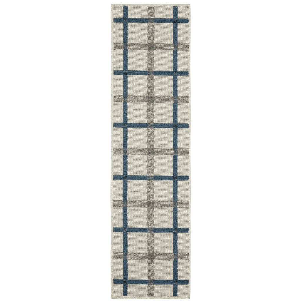 2' X 7' Blue and Beige Geometric Stain Resistant Indoor Outdoor Area Rug