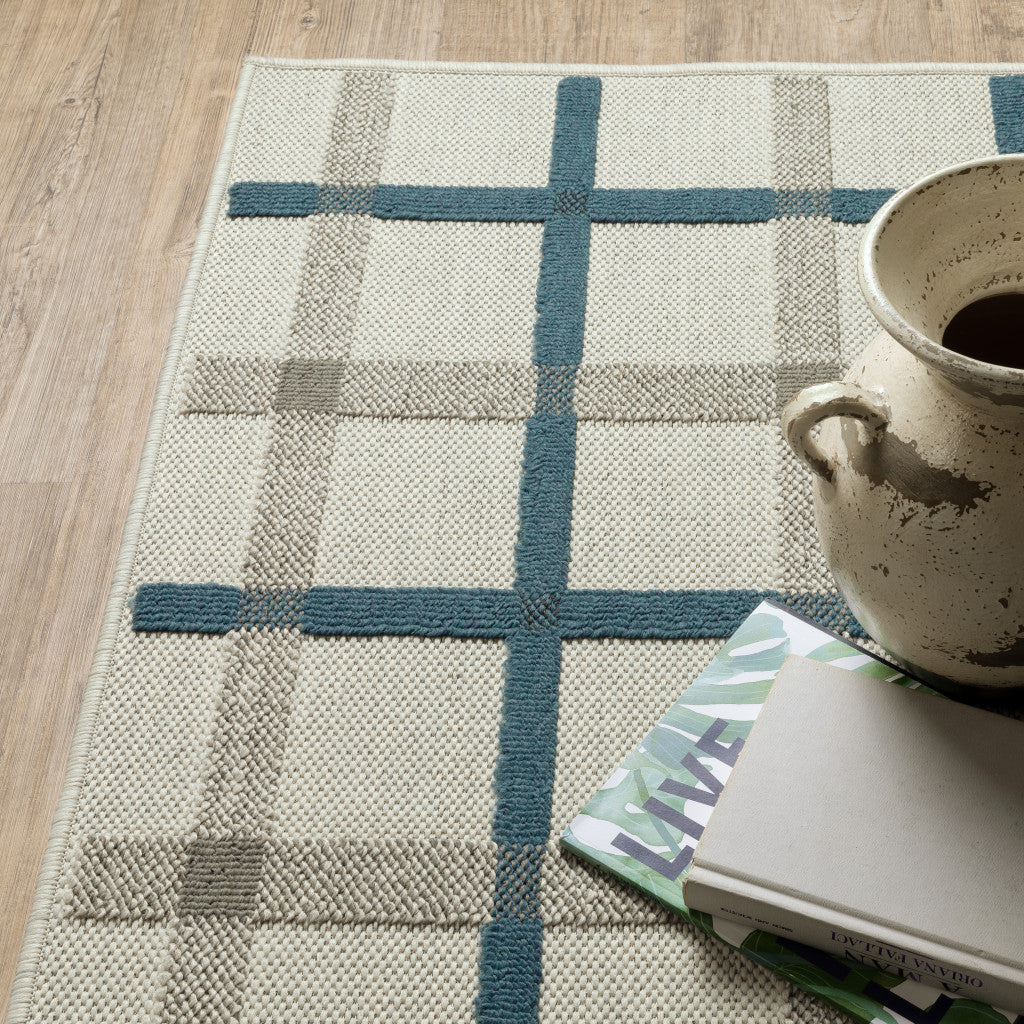 2' X 7' Blue and Beige Geometric Stain Resistant Indoor Outdoor Area Rug