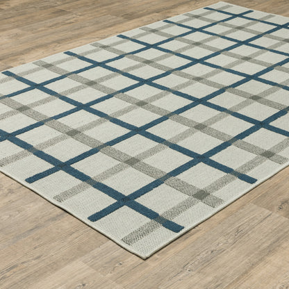 3' X 5' Blue and Beige Geometric Stain Resistant Indoor Outdoor Area Rug