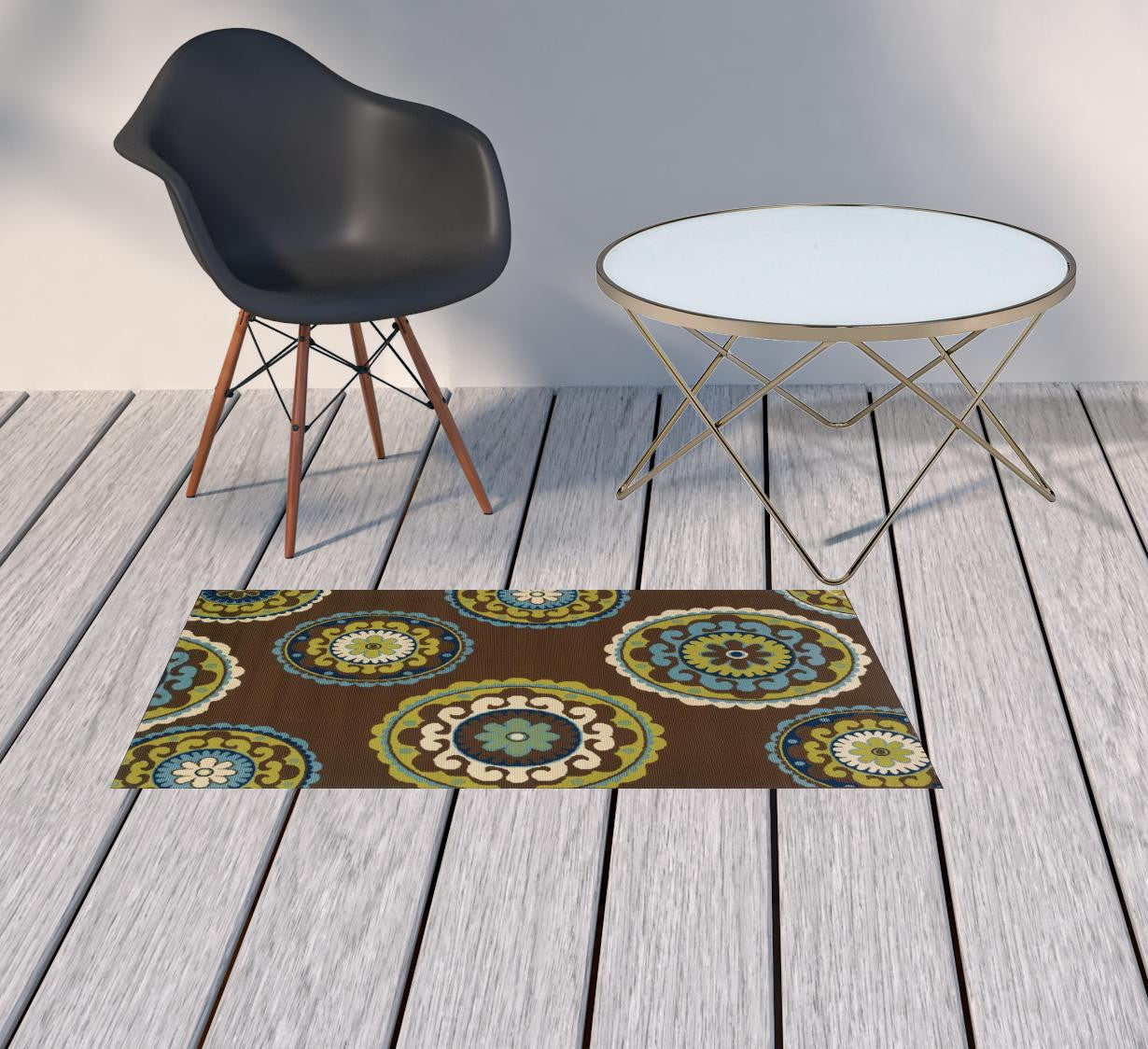 2' X 4' Brown Floral Medallion Stain Resistant Indoor Outdoor Area Rug