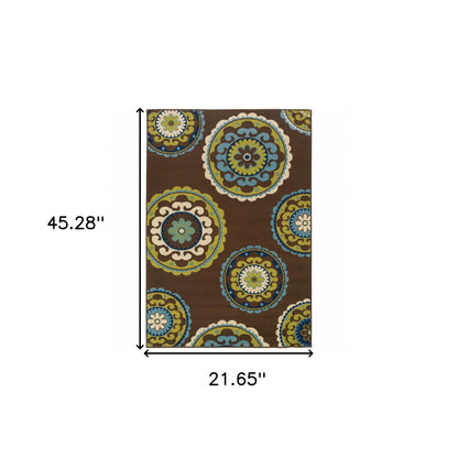 2' X 4' Brown Floral Medallion Stain Resistant Indoor Outdoor Area Rug