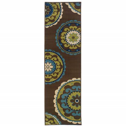 2' X 8' Brown Oriental Stain Resistant Indoor Outdoor Area Rug