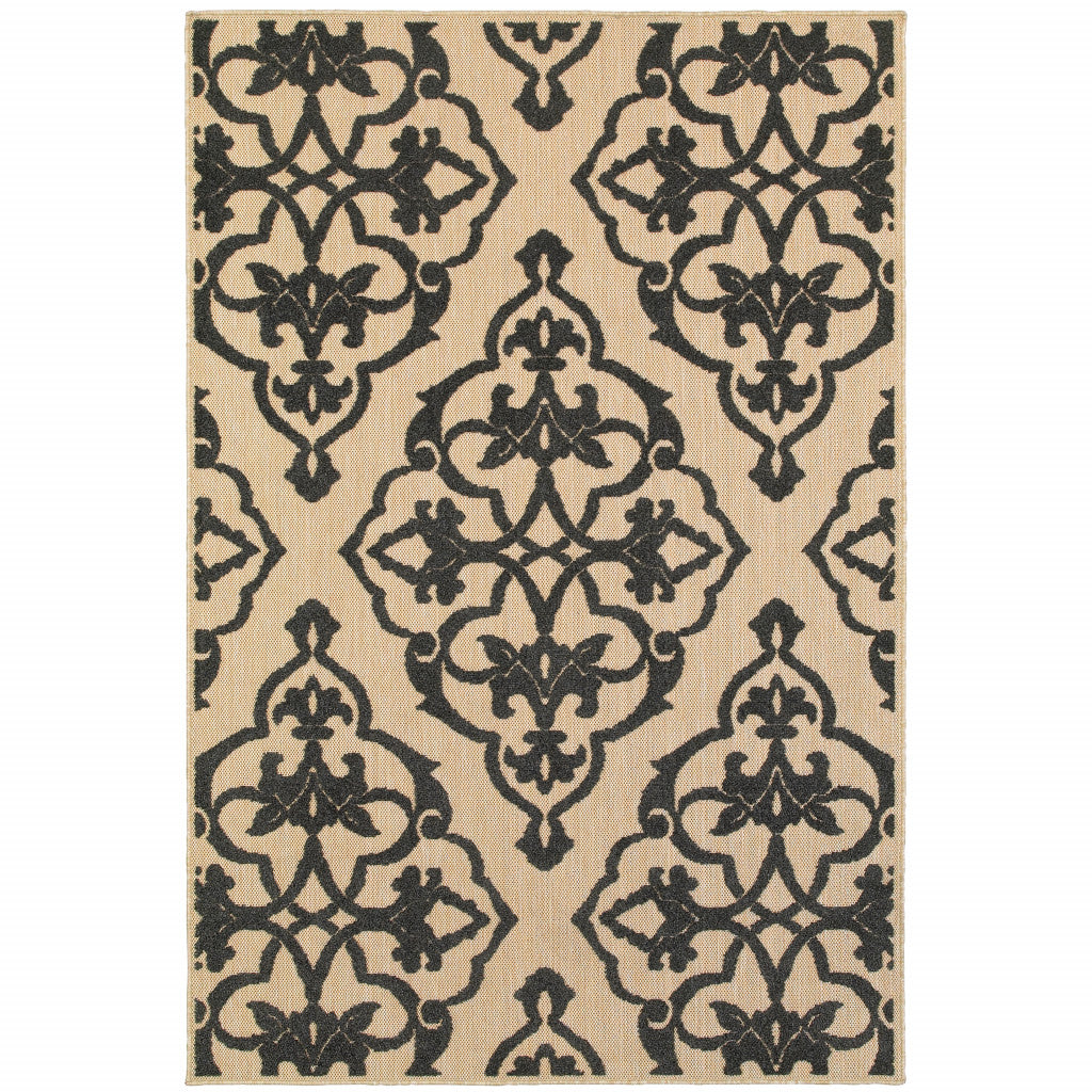 2' X 3' Beige and Black Oriental Stain Resistant Indoor Outdoor Area Rug