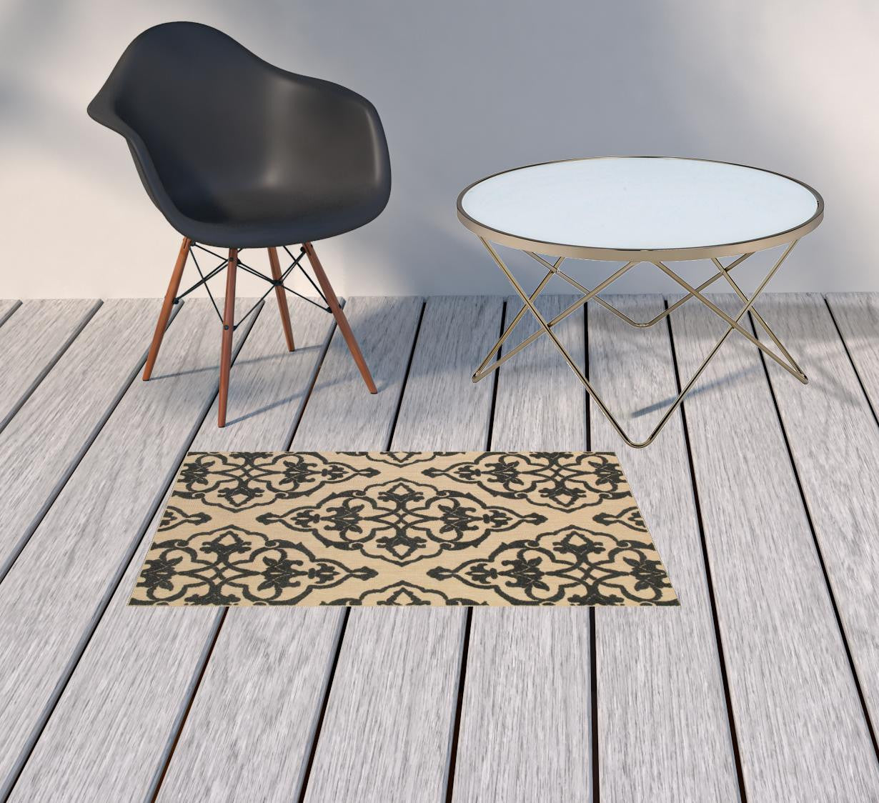 2' X 3' Beige and Black Oriental Stain Resistant Indoor Outdoor Area Rug