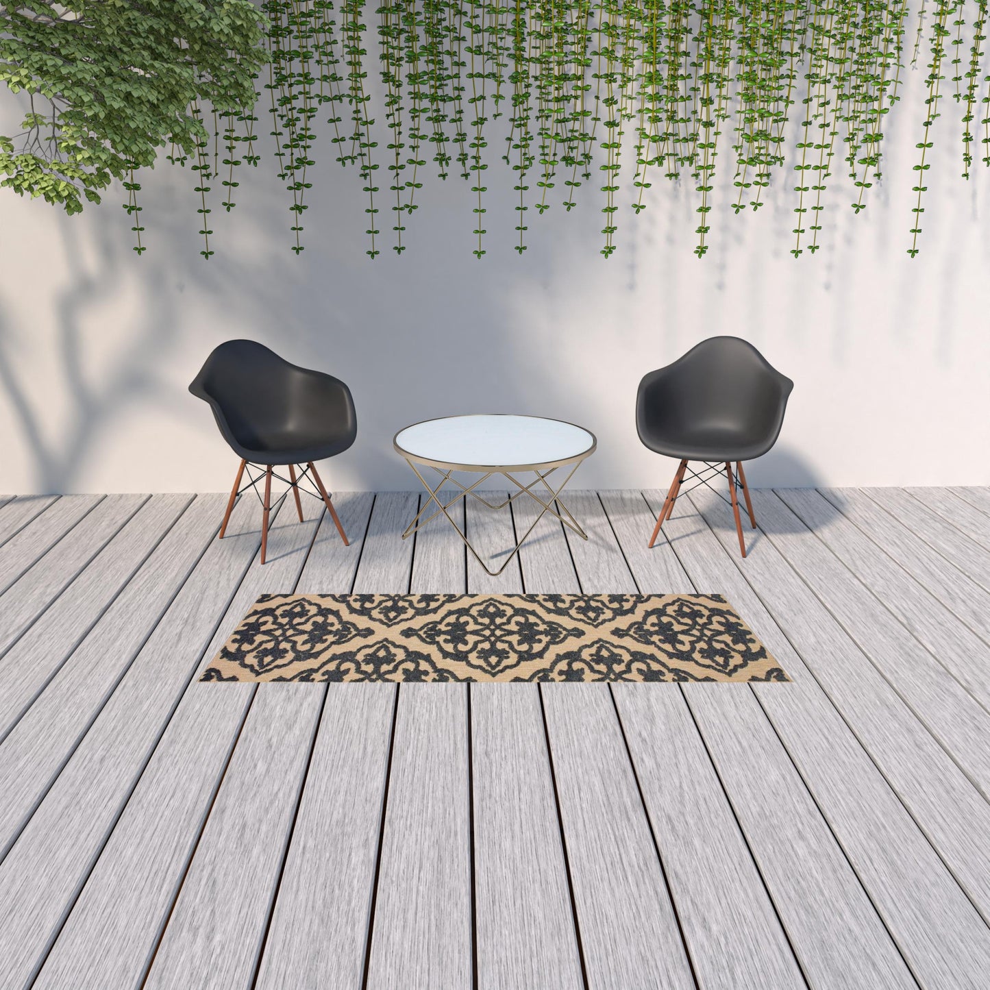 2' X 8' Beige and Black Oriental Stain Resistant Indoor Outdoor Area Rug