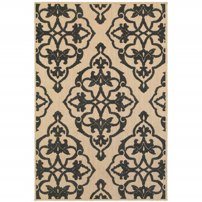 4' X 5' Beige and Black Oriental Stain Resistant Indoor Outdoor Area Rug