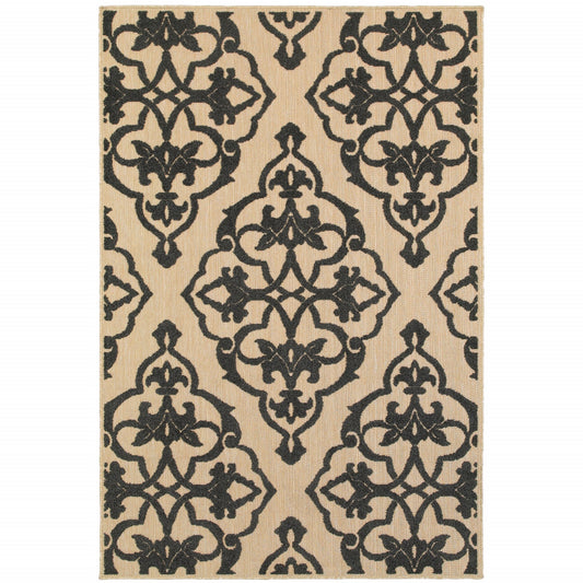 4' X 5' Beige and Black Oriental Stain Resistant Indoor Outdoor Area Rug