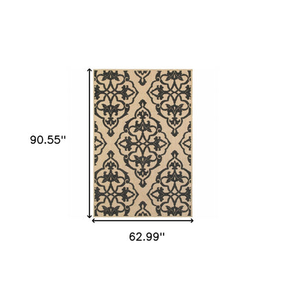 5' X 8' Beige and Black Medallion Stain Resistant Indoor Outdoor Area Rug