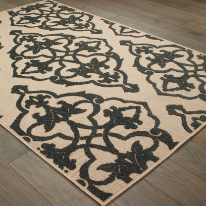 7' X 10' Beige and Black Oriental Stain Resistant Indoor Outdoor Area Rug