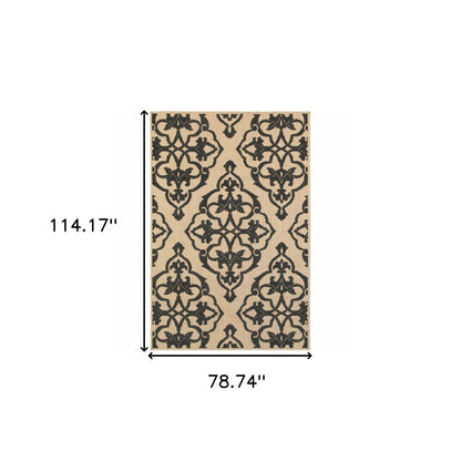 7' X 10' Beige and Black Oriental Stain Resistant Indoor Outdoor Area Rug