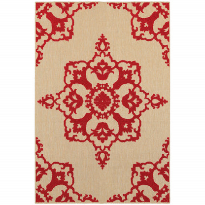 4' X 5' Red Oriental Stain Resistant Indoor Outdoor Area Rug