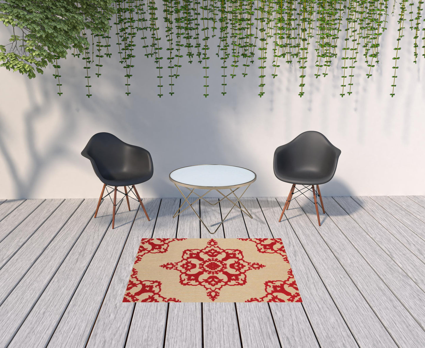 4' X 5' Red Oriental Stain Resistant Indoor Outdoor Area Rug