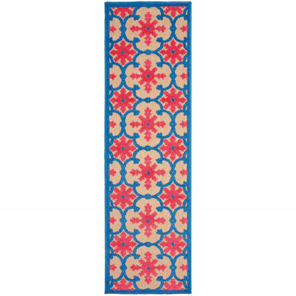 2' X 8' Blue and Beige Oriental Stain Resistant Indoor Outdoor Area Rug