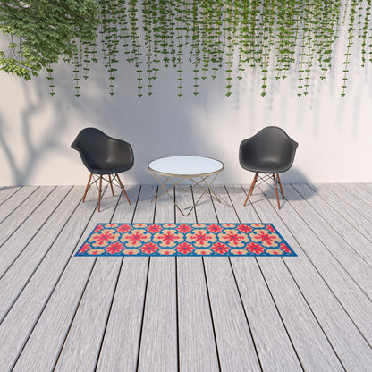 2' X 8' Blue and Beige Oriental Stain Resistant Indoor Outdoor Area Rug