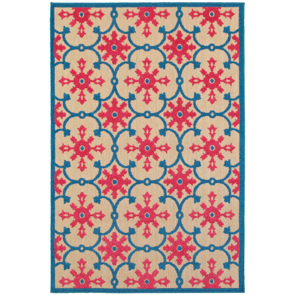 4' X 5' Blue and Beige Oriental Stain Resistant Indoor Outdoor Area Rug