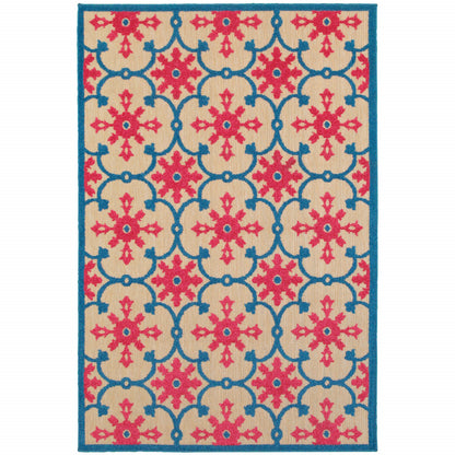 4' X 5' Blue and Beige Oriental Stain Resistant Indoor Outdoor Area Rug