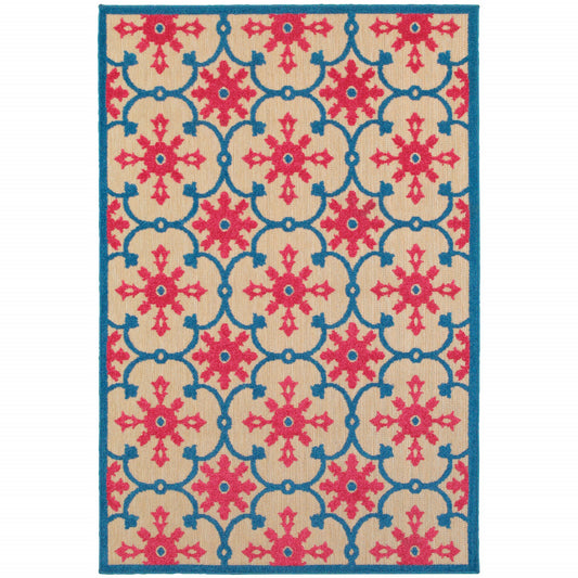 5' X 8' Blue and Beige Oriental Stain Resistant Indoor Outdoor Area Rug