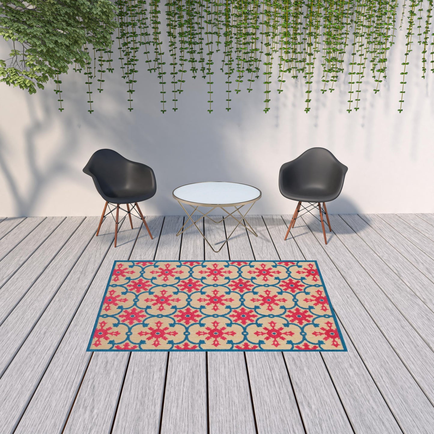 5' X 8' Blue and Beige Oriental Stain Resistant Indoor Outdoor Area Rug