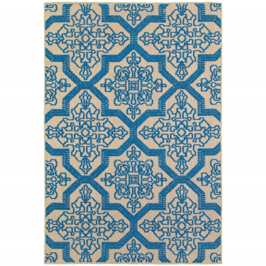 2' X 3' Blue and Beige Oriental Stain Resistant Indoor Outdoor Area Rug