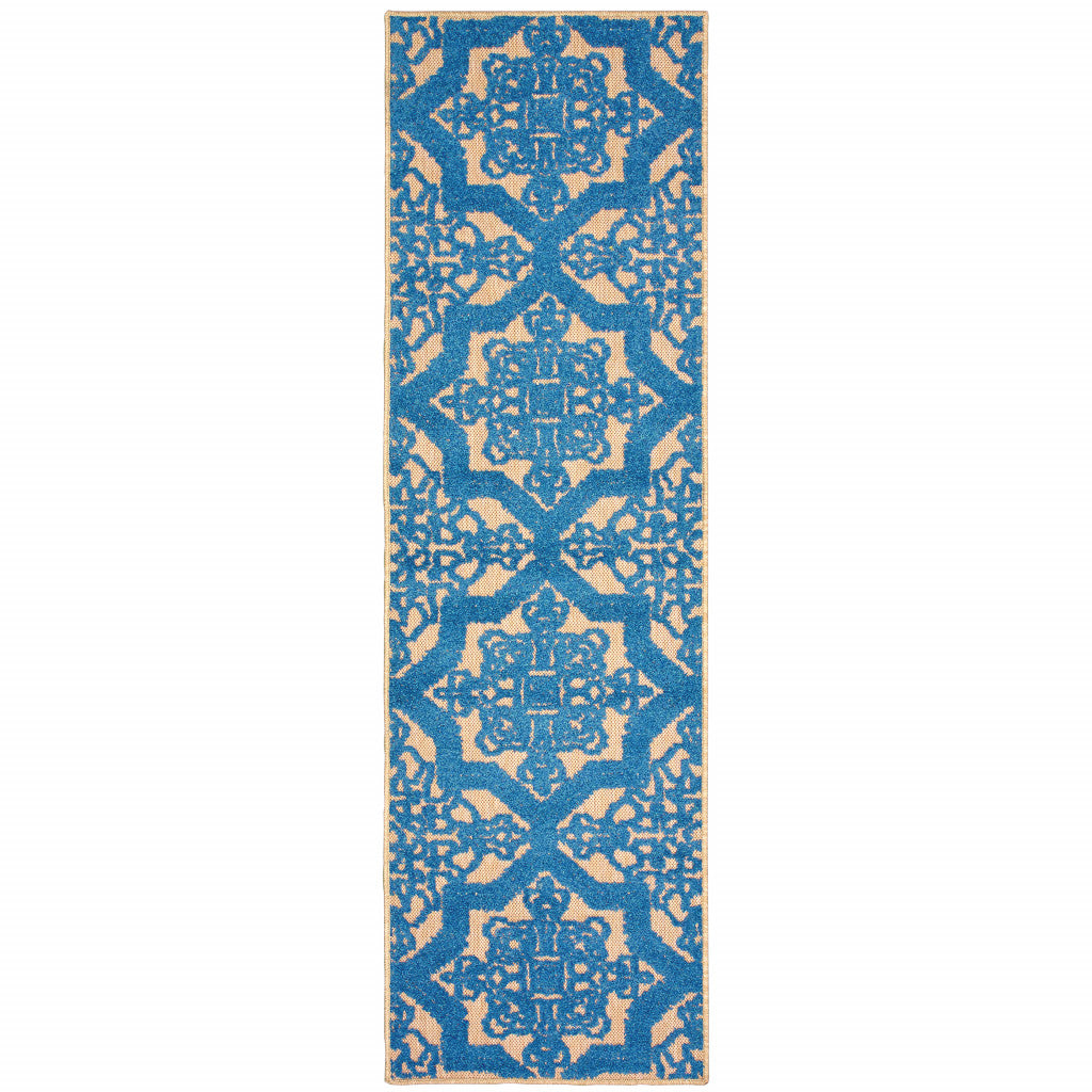 2' X 8' Blue and Beige Oriental Stain Resistant Indoor Outdoor Area Rug