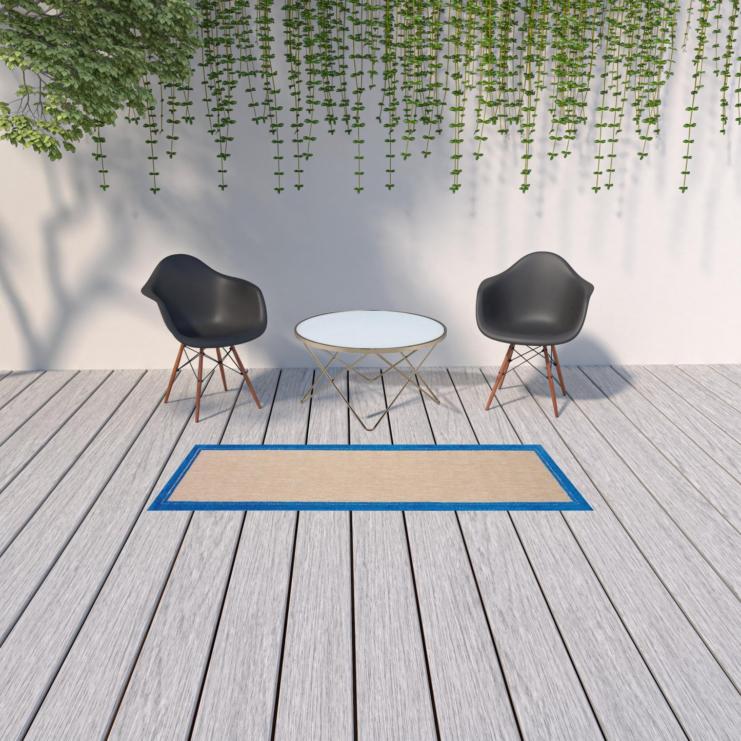 2' X 8' Blue and Beige Stain Resistant Indoor Outdoor Area Rug