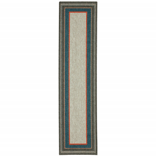 2' X 8' Blue and Gray Stain Resistant Indoor Outdoor Area Rug