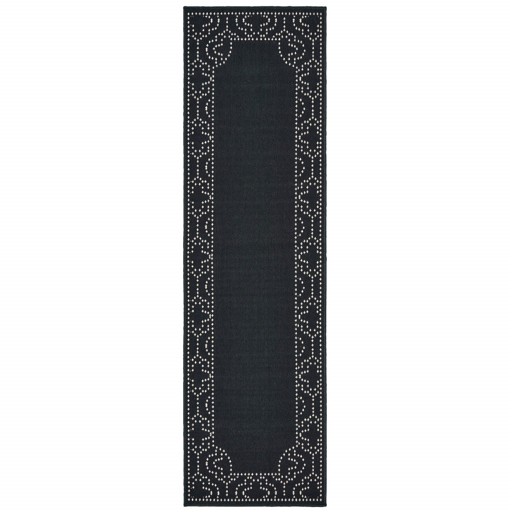 2' X 8' Black and Ivory Stain Resistant Indoor Outdoor Area Rug