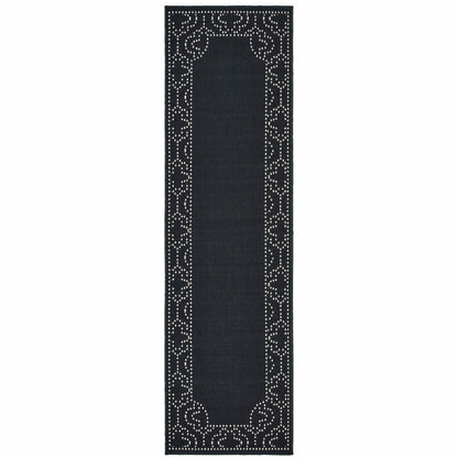 2' X 8' Black and Ivory Stain Resistant Indoor Outdoor Area Rug