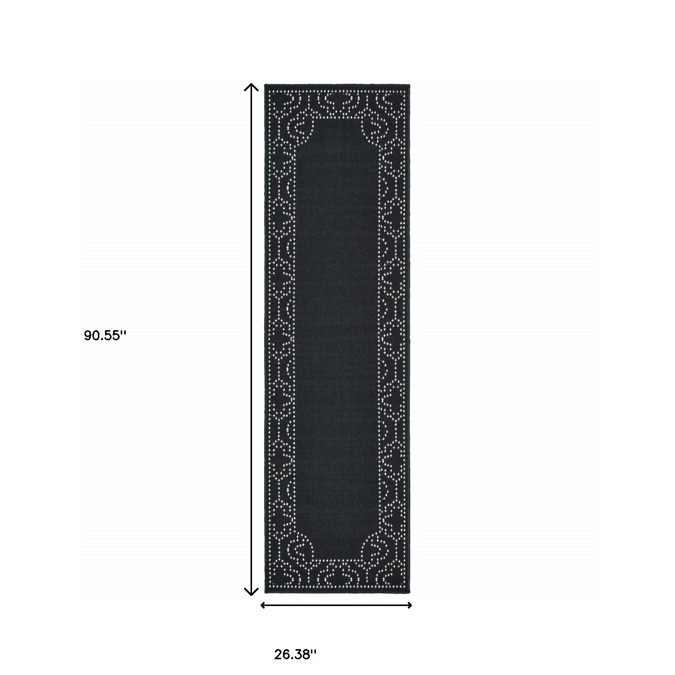 2' X 8' Black and Ivory Stain Resistant Indoor Outdoor Area Rug