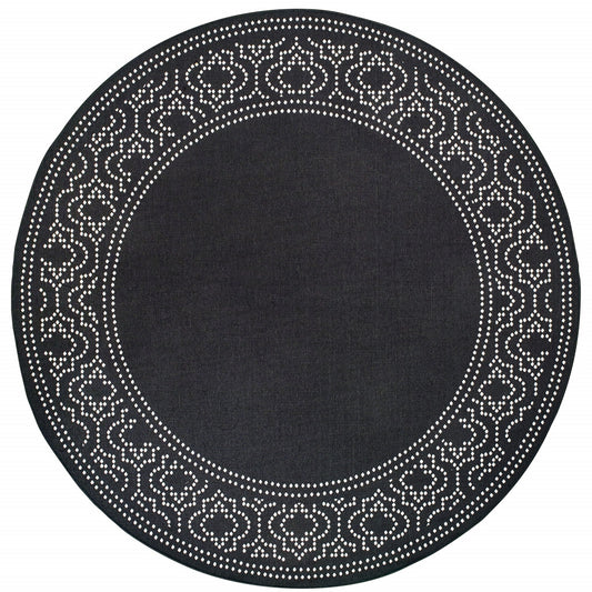 8' X 8' Black and Ivory Round Stain Resistant Indoor Outdoor Area Rug