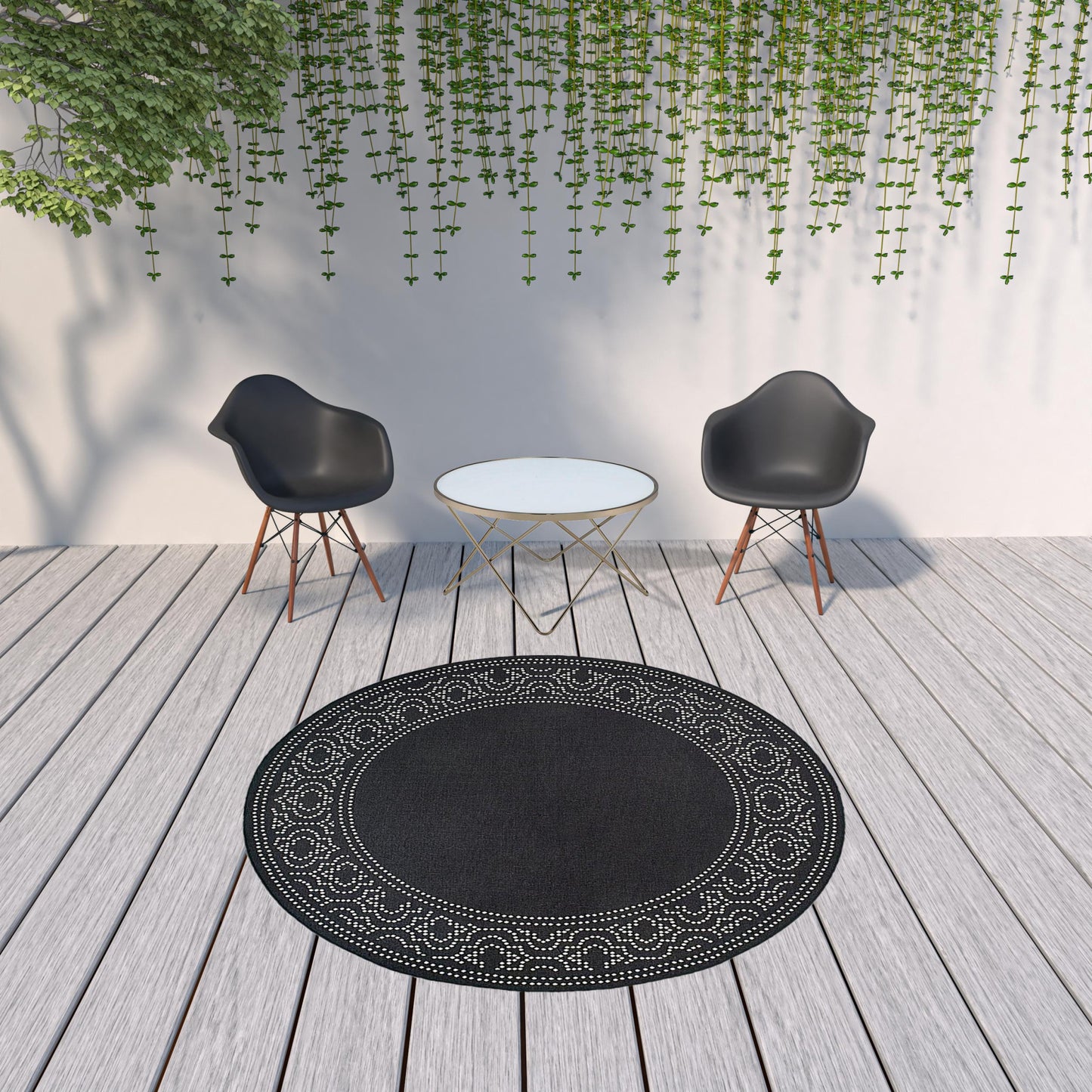 8' X 8' Black and Ivory Round Stain Resistant Indoor Outdoor Area Rug