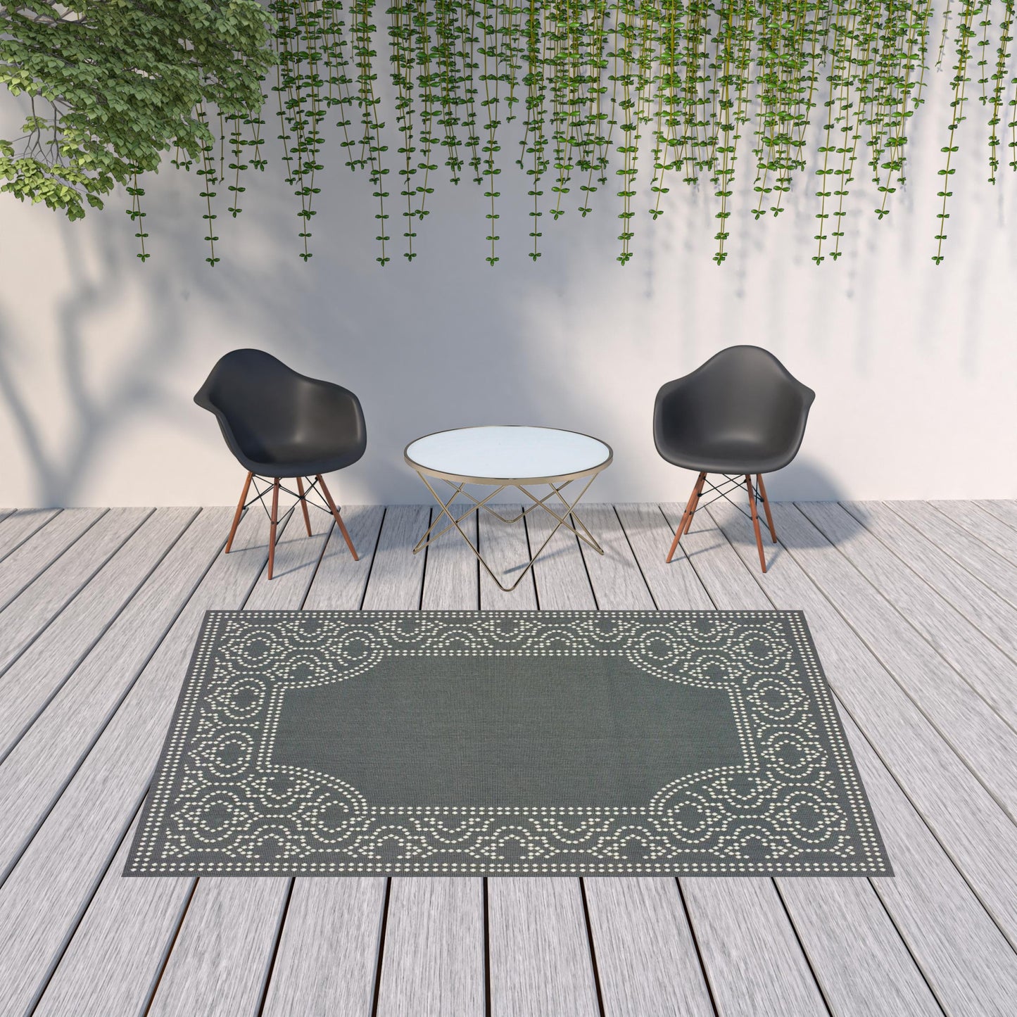 7' X 10' Gray and Ivory Stain Resistant Indoor Outdoor Area Rug