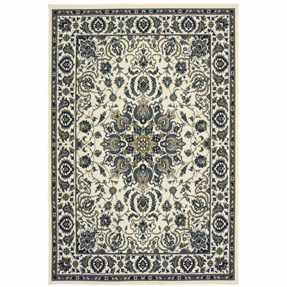 2' X 4' Ivory and Blue Oriental Stain Resistant Indoor Outdoor Area Rug