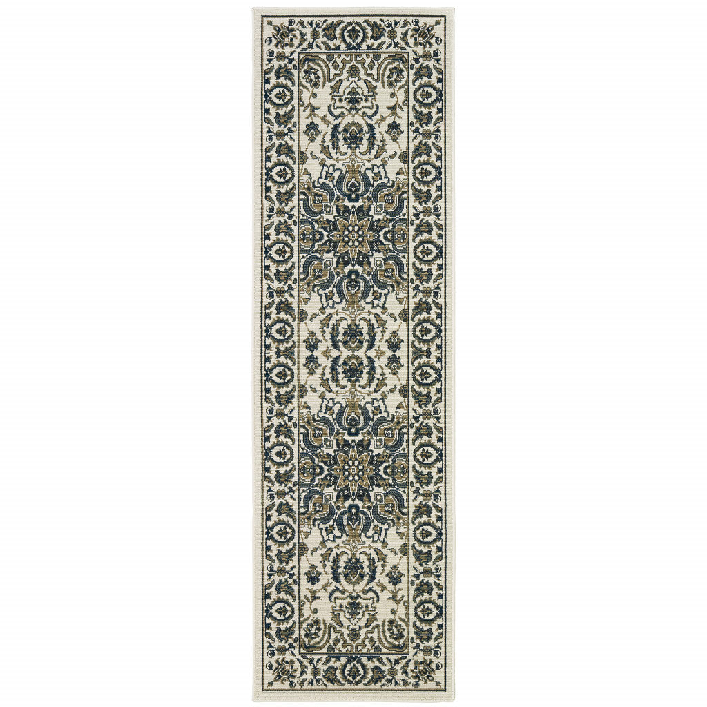 2' X 8' Ivory and Blue Oriental Stain Resistant Indoor Outdoor Area Rug