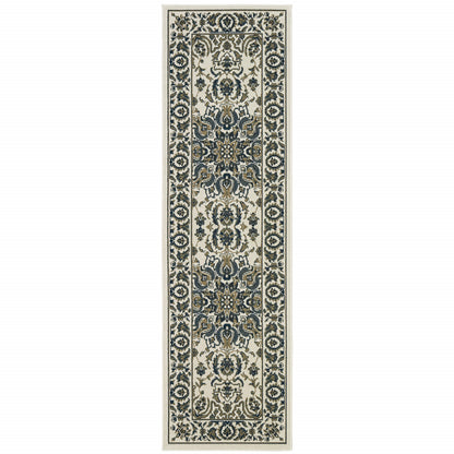 2' X 8' Ivory and Blue Oriental Stain Resistant Indoor Outdoor Area Rug