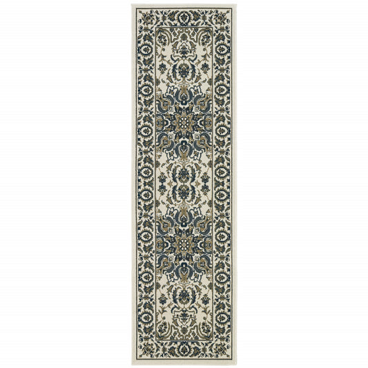 2' X 8' Ivory and Blue Oriental Stain Resistant Indoor Outdoor Area Rug