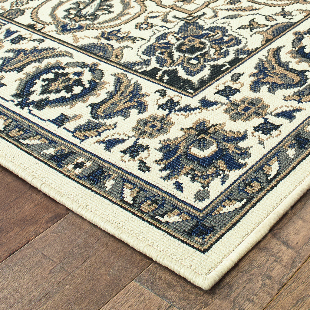 2' X 8' Ivory and Blue Oriental Stain Resistant Indoor Outdoor Area Rug