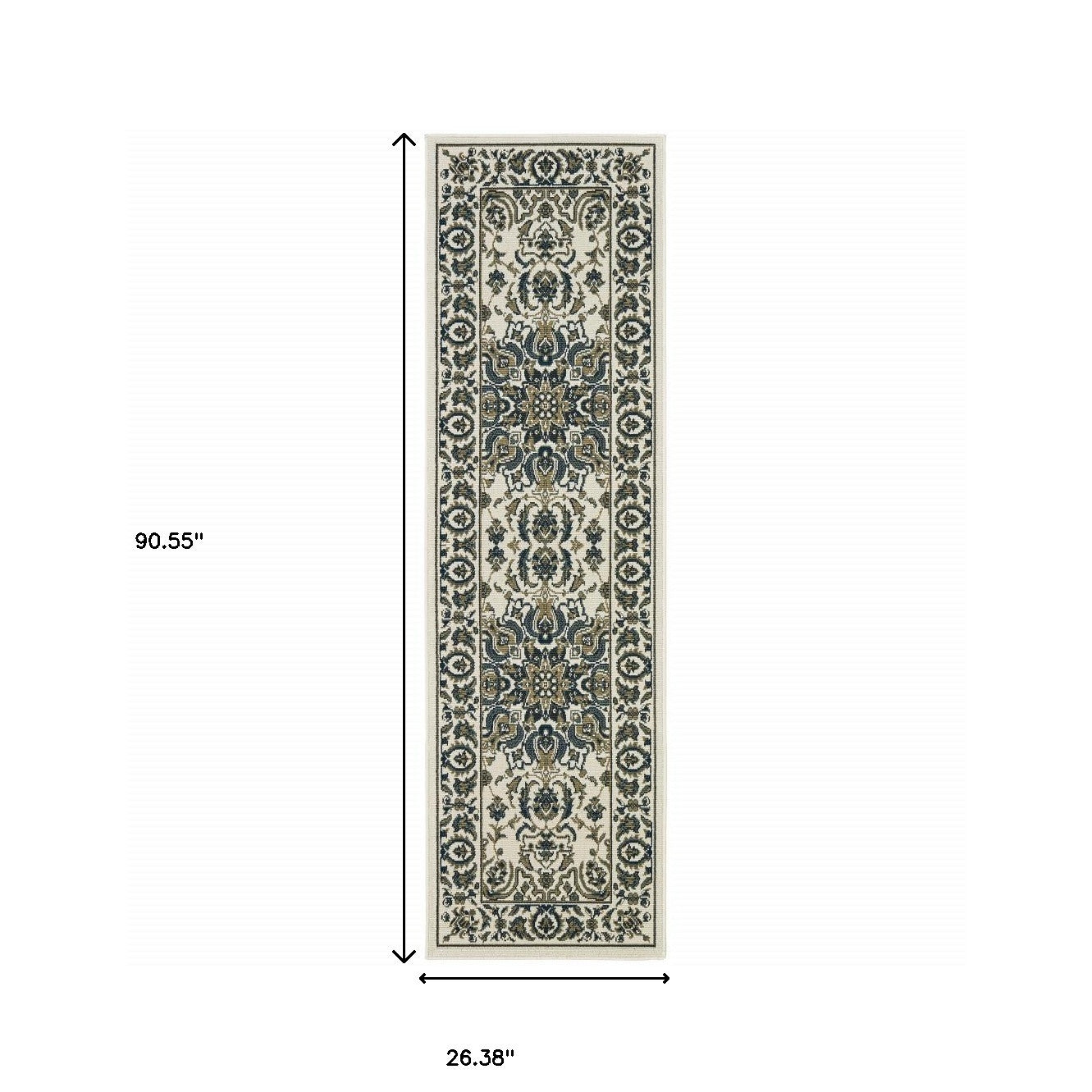 2' X 8' Ivory and Blue Oriental Stain Resistant Indoor Outdoor Area Rug