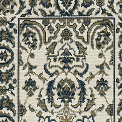 2' X 8' Ivory and Blue Oriental Stain Resistant Indoor Outdoor Area Rug