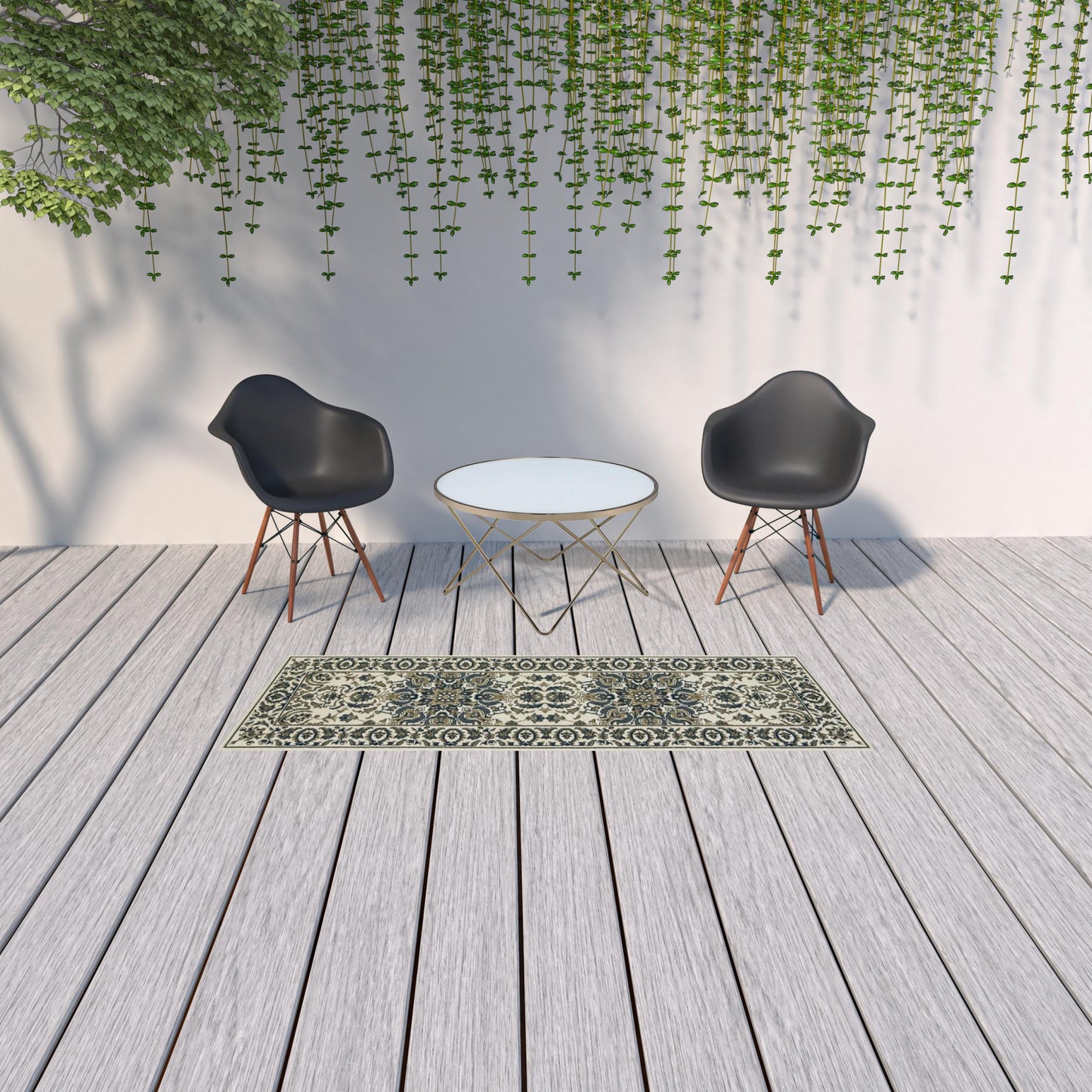 2' X 8' Ivory and Blue Oriental Stain Resistant Indoor Outdoor Area Rug