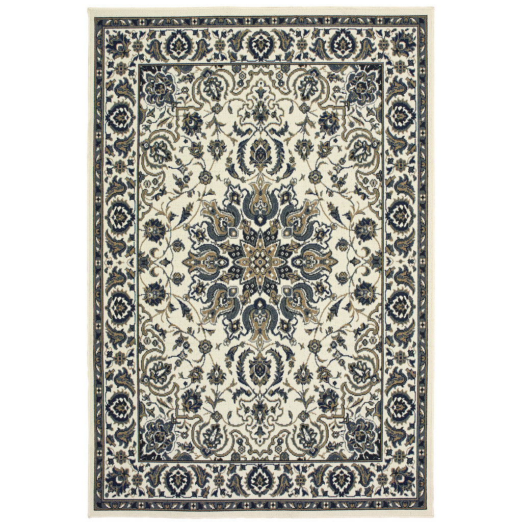 4' X 6' Ivory and Blue Oriental Stain Resistant Indoor Outdoor Area Rug