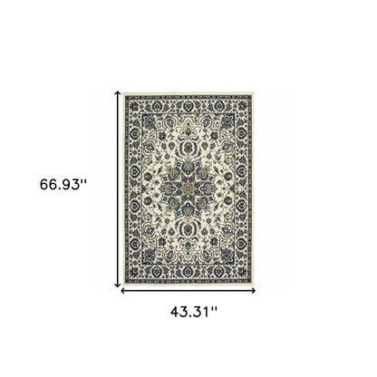 4' X 6' Ivory and Blue Oriental Stain Resistant Indoor Outdoor Area Rug