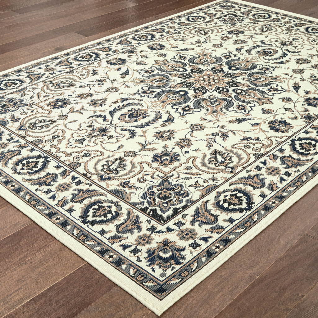 5' X 8' Ivory and Blue Oriental Stain Resistant Indoor Outdoor Area Rug