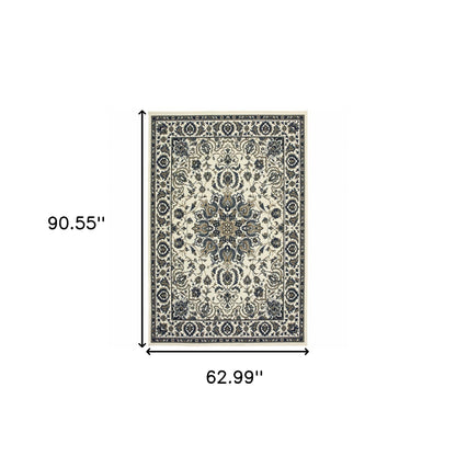 5' X 8' Ivory and Blue Oriental Stain Resistant Indoor Outdoor Area Rug